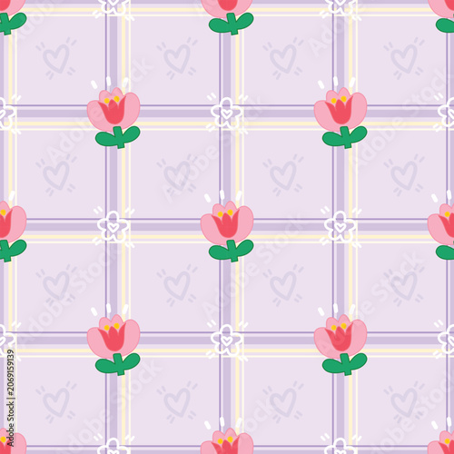 Cute Tulip Floral Plaid Seamless Pattern on Pastel Purple Background, Kawaii Spring Flower Repeat Design
