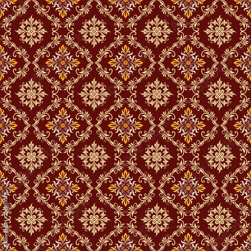 Luxury Vintage Damask Seamless Pattern with Ornamental Floral Motifs on Deep Red Background
