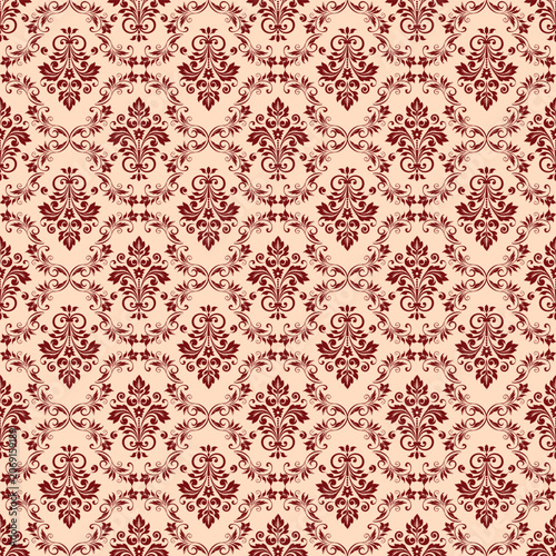 Elegant Red Damask Seamless Pattern with Vintage Floral Ornament Background
