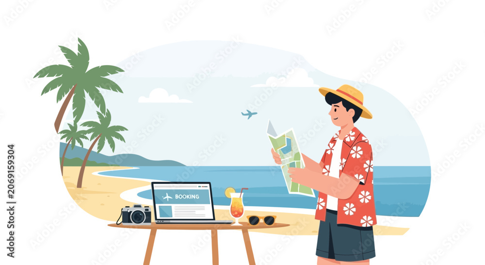 Fototapeta premium Man with map on tropical beach, booking vacation online, laptop, camera, cocktail