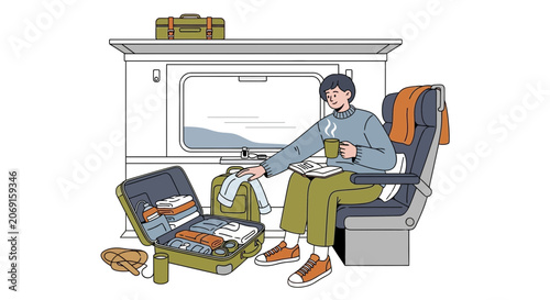 Passenger relaxing on train, packing luggage, travel, journey, window view