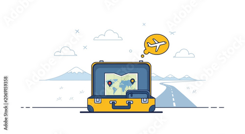 Open suitcase with map and airplane, travel concept, road to mountains