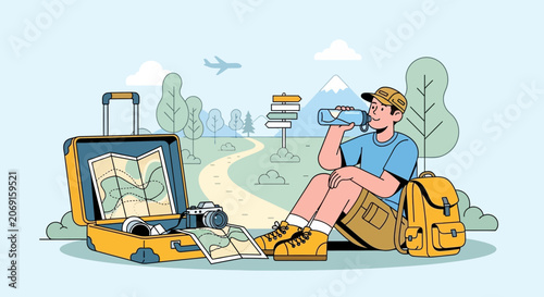Traveler resting with luggage and map, drinking water on outdoor path