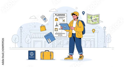 Traveler planning vacation using app, luggage, passport, map illustration