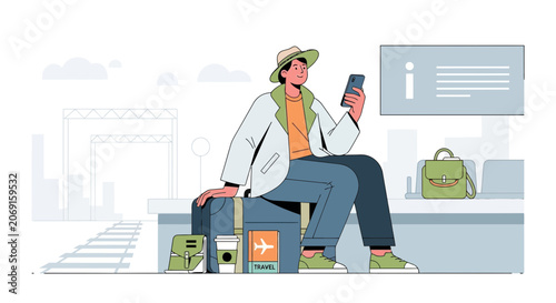 Traveler waiting for train with luggage, phone and coffee.