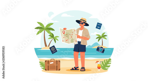 Traveler with Map on Tropical Beach, Vacation Planning, Summer Journey