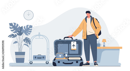 Traveler with Open Suitcase, Luggage Cart, Plant, Desk - Travel Preparation