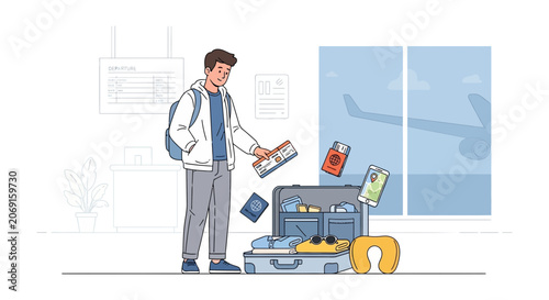 Young man packing suitcase at airport for travel