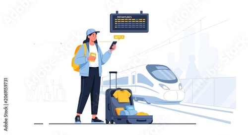 Woman with luggage waiting for train at station, checking phone