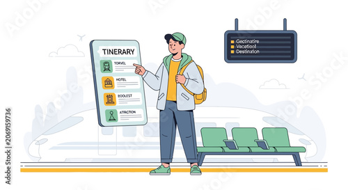Young man planning travel itinerary on phone at train station