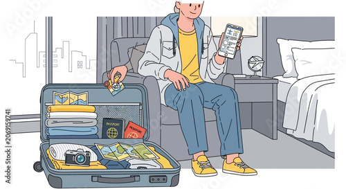 Young Man Packing Suitcase for Trip, Planning Journey on Phone
