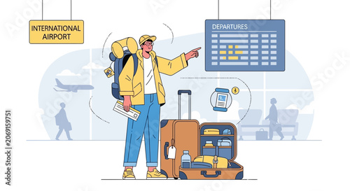 Young man pointing at departure board in international airport with luggage
