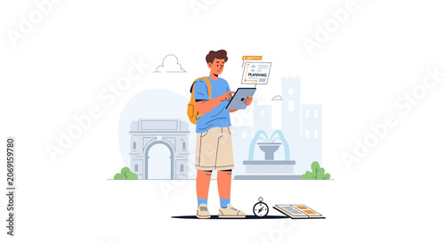 Young man with tablet in city, planning travel, infographic style illustration