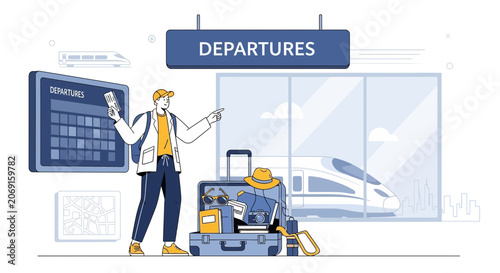 Young Traveler at Train Station Departures with Suitcase and Board