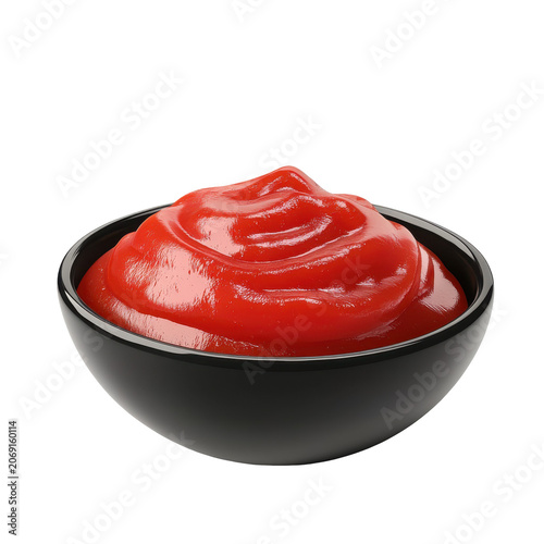Glossy ketchup in a black ceramic bowl studio shot vibrant red color isolated on white background