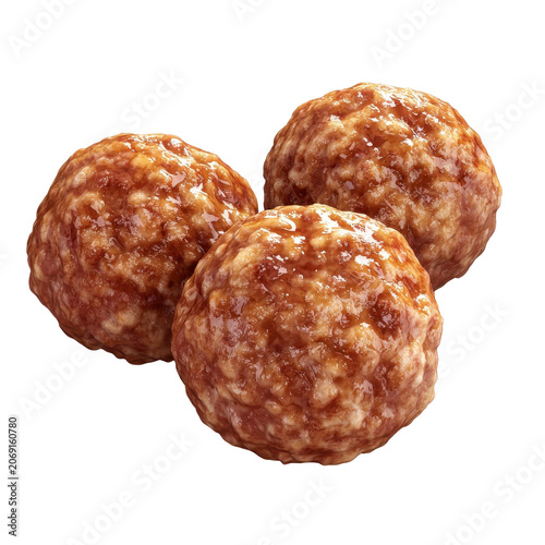Three glistening perfectly browned meatballs clustered together showcasing their textured surfaces isolated on white background