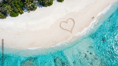 Aerial View of Heart Shape Drawn on White Sand Tropical Beach with Turquoise Ocean Water and Palm Trees