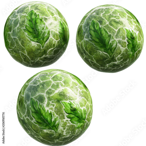 Three textured green orbs with leaf imprints and crackled white patterns isolated on white background