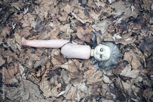 Broken doll lying in the front garden of an abandoned kindergarten, village in the contaminated zone around Chernobyl, Kopachi, Chernobyl, Ukraine
