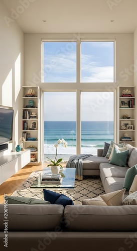 Coastal living room with ocean view, bright and airy interior design.