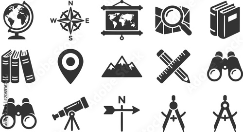 Bild auf Leinwand Set of travel and exploration icons featuring globes maps compasses and navigati