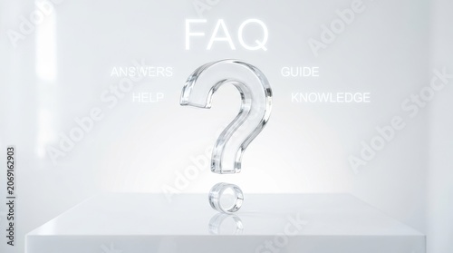 Question mark symbol minimal concept. Transparent glass question mark with FAQ, help, answers, guide, and knowledge terms