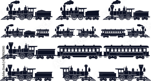 Photos Vintage Steam Train Collection Illustration with Classic Railway Locomotive Silh