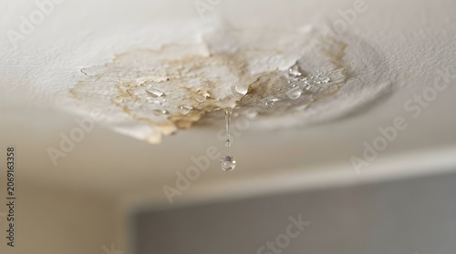 Water leaking from ceiling with damaged plaster and paint