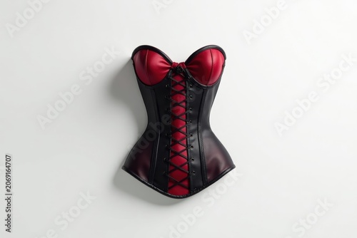 A dramatic red and black leather corset displayed on a simple white background, showcasing intricate lacing and a classic design.