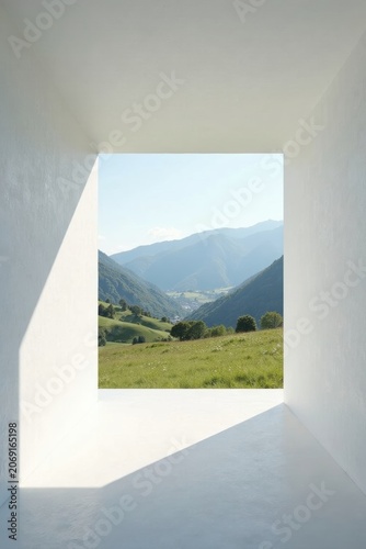 Serene Vista A Minimalist Interior Featuring a Panoramic Window Showcasing Rolling Hills and Distant Mountains under a Clear Sky