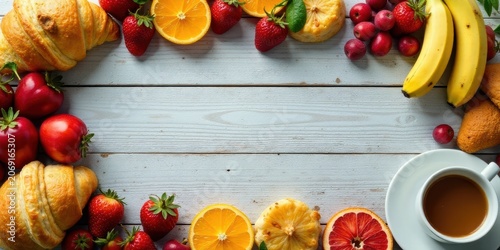 A delightful breakfast arrangement featuring pastries, vibrant fruits, and a steaming cup of coffee, all artfully placed on a rustic wooden surface.