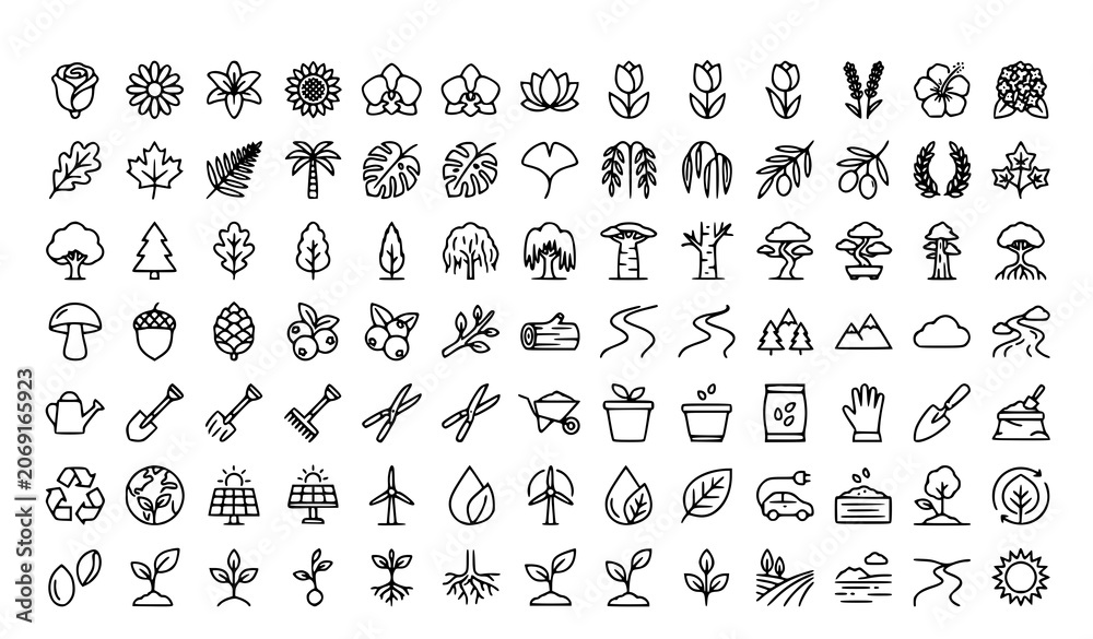 Fototapeta premium Nature and Plant Line Icon Set Editable Stroke Botanical Vector Collection