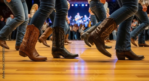People line dancing in cowboy boots on a wooden floor at a country music event.