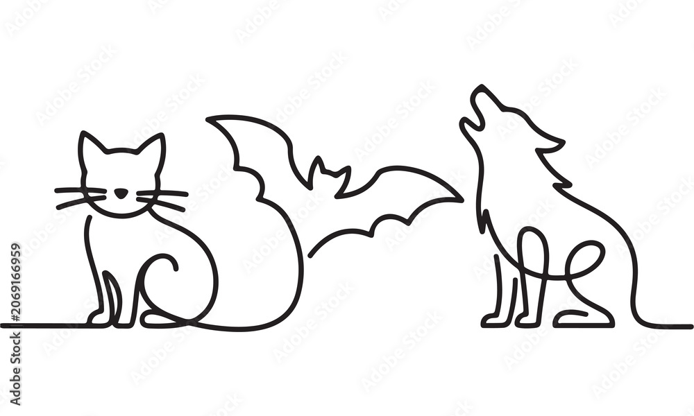 Naklejka premium Continuous single line of halloween animals including a sitting cat, a flying bat, and a howling wolf, isolated on a white background, black ink minimalist
