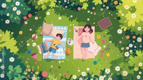 芝生の上のレジャーシートで昼寝する子どもたち_1920x1080px