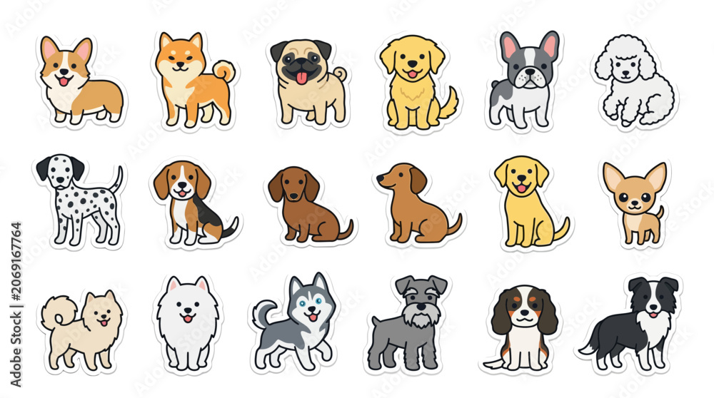 Fototapeta premium Cute Dog Breeds Collection: Cartoon Style Stickers and Illustrations