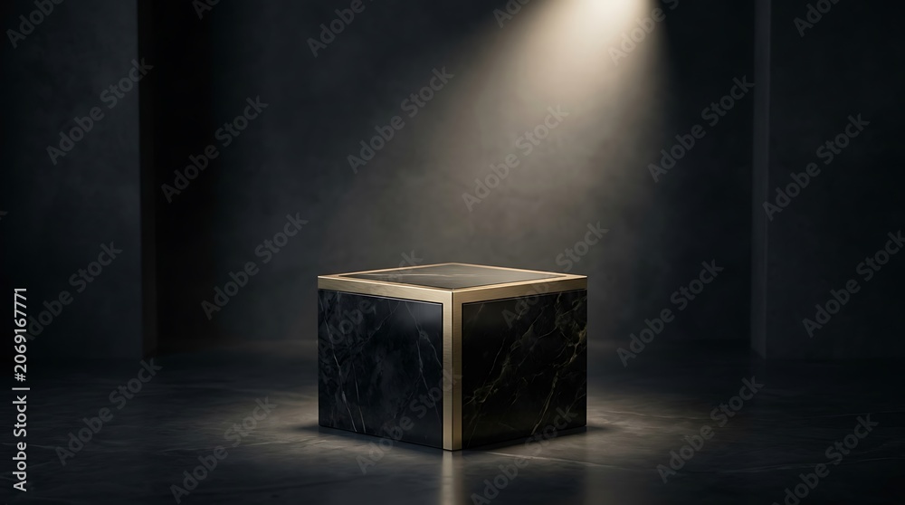 Fototapeta premium Luxury Black Marble Cube Podium with Gold Trim Under Spotlight