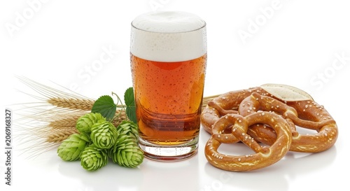 A glass of amber beer sits next to a plate of pretzels and a bundle of wheat stalks with hops. The beer has a foamy head.