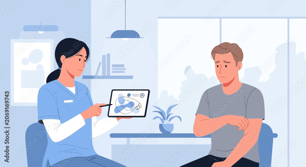 Fototapeta premium Doctor Consulting Patient With Tablet Showing Anatomy Diagram