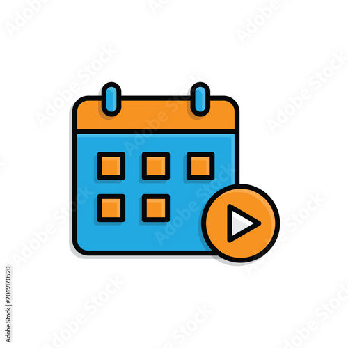 Content Calendar icon. Calendar with play button. Digital, creator, technology, economy.  Isometric design style