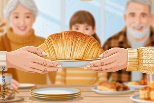 Generations sharing a delicious croissant at a cozy family breakfast gathering, warm and inviting atmosphere.