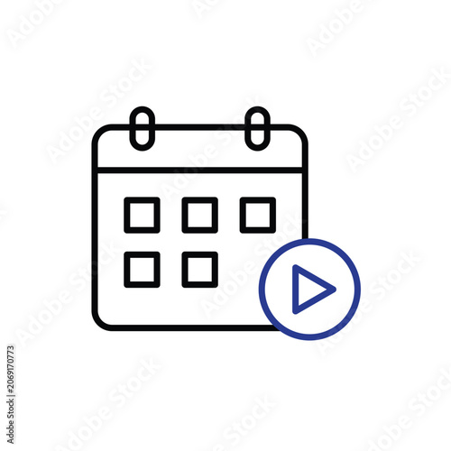 Content Calendar icon. Calendar with play button. Digital, creator, technology, economy.  outline design style