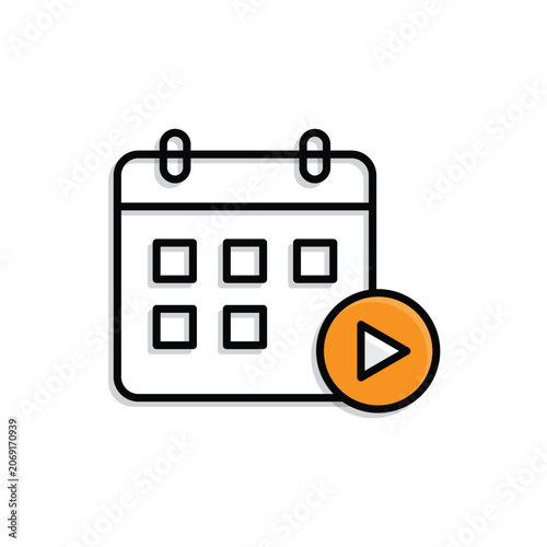 Content Calendar icon. Calendar with play button. Digital, creator, technology, economy.  mixed design style