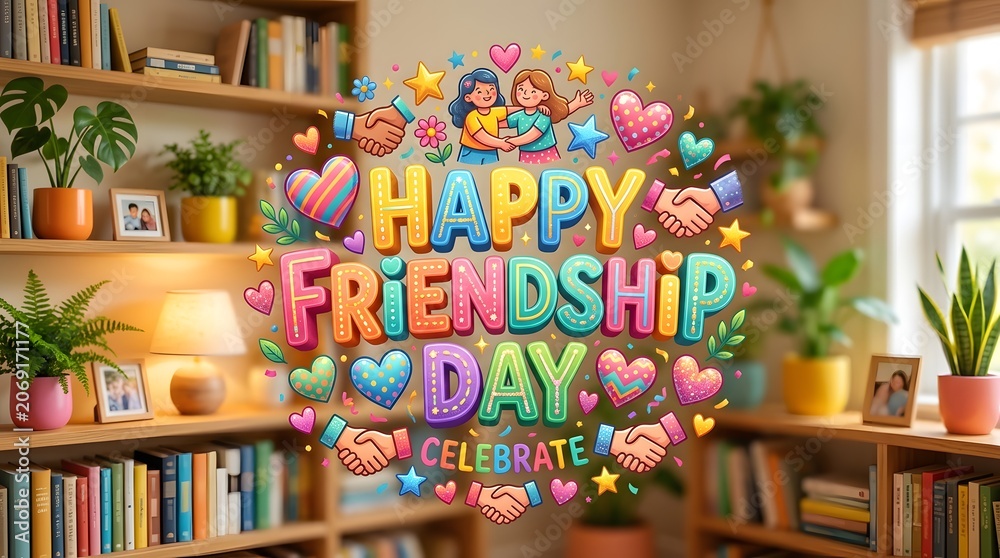 Fototapeta premium Colorful Happy Friendship Day sign in a cozy library with books and plants