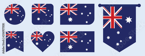 Australia Flag Icons Set in Circle, Heart, Rounded Square, Rounded Rectangle, Bookmark and Hanging Pennant Shaped - Australia National Flag Vector Collection Isolated on Black Background