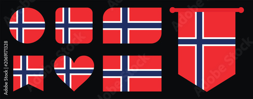 Norway Flag Icons Set in Circle, Heart, Rounded Square, Rounded Rectangle, Bookmark and Hanging Pennant Shaped - Norway National Flag Vector Collection Isolated on Black Background