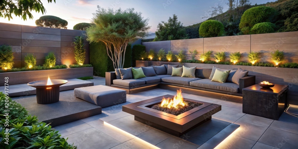 Obraz premium Serene Modern Patio Design with Sectional Sofa, Fire Pit, and Ambient Lighting