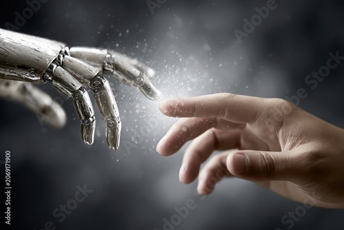 Close-up of a robotic hand reaching out to touch a human finger, symbolizing AI and humanity connection.