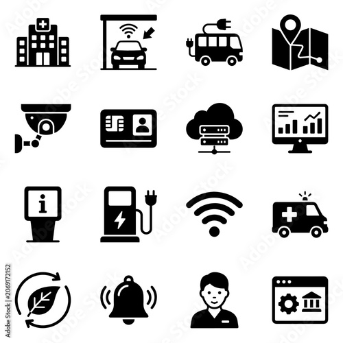 A collection of sixteen black flat representing hospital facilities, smart parking, electric vehicle charging, and digital connectivity