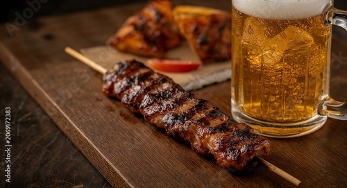 Close?up of a succulent barbecue skewer beside a cold beer mug on � Food Photography for Restaurant, Culinary and Dining Concept